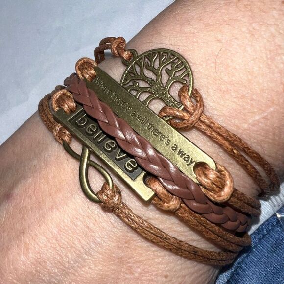 Multi Strand Leather and Brass Tone Sayings Bracelet - Picture 1 of 5
